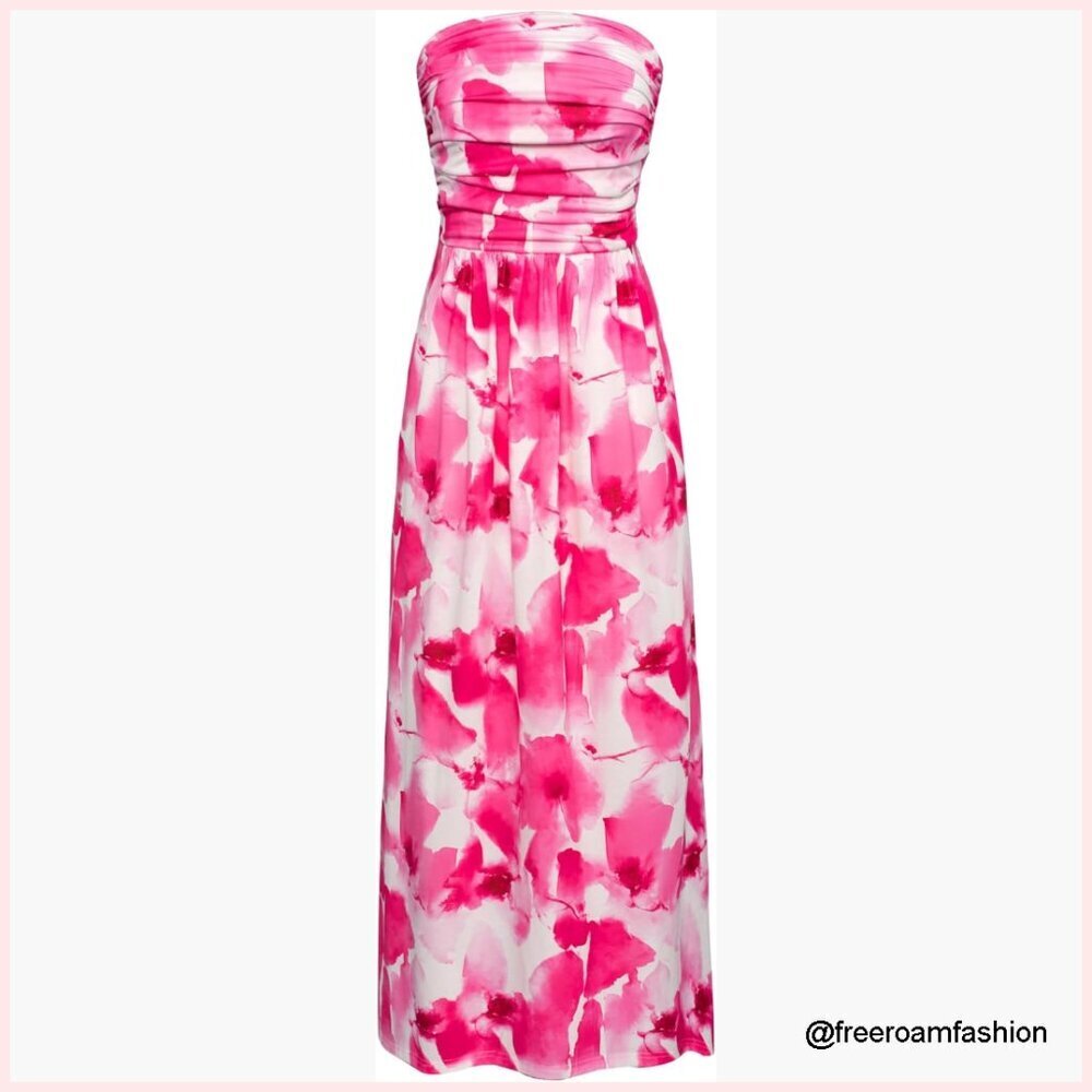 Strapless Maxi Dress with Pockets, Ruched Casual Long Dress